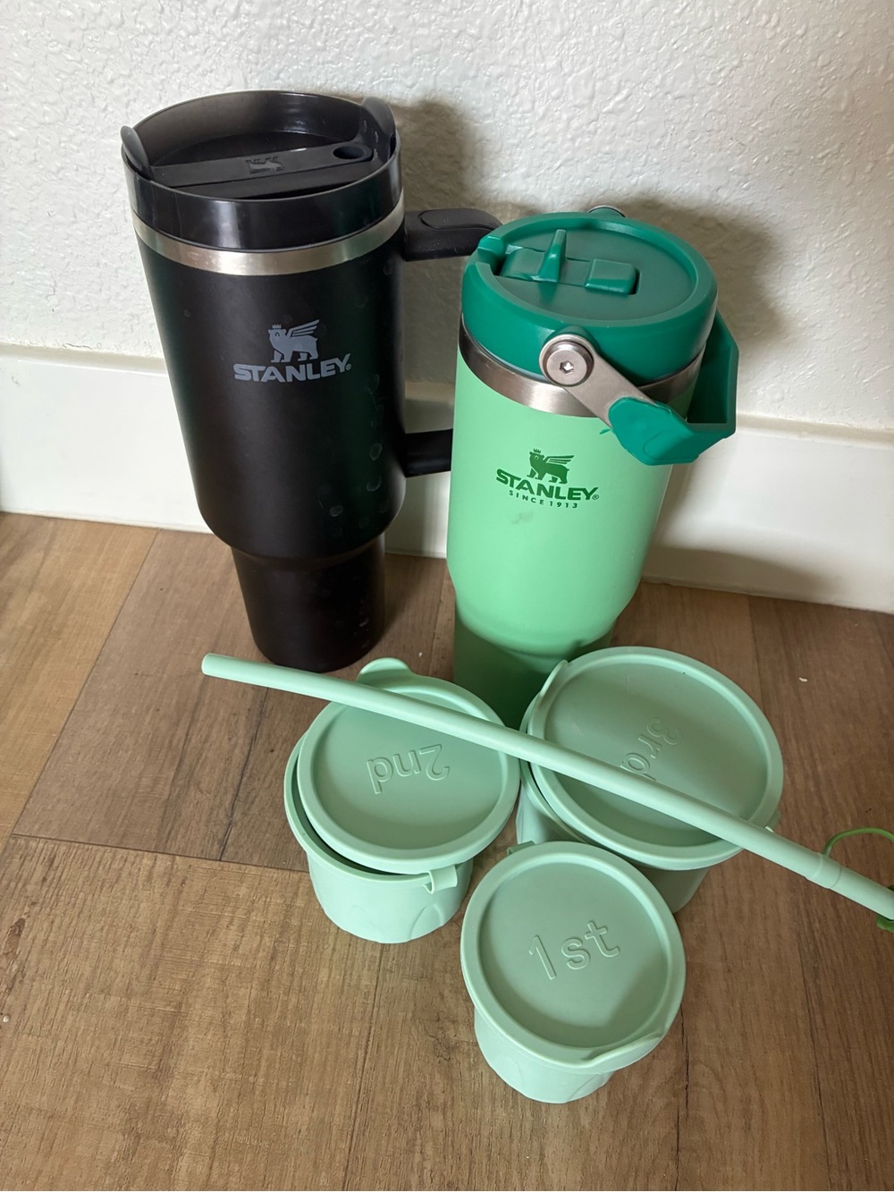 Stanley Black and Mint Green Travel Tumblers with Mint ice Containers